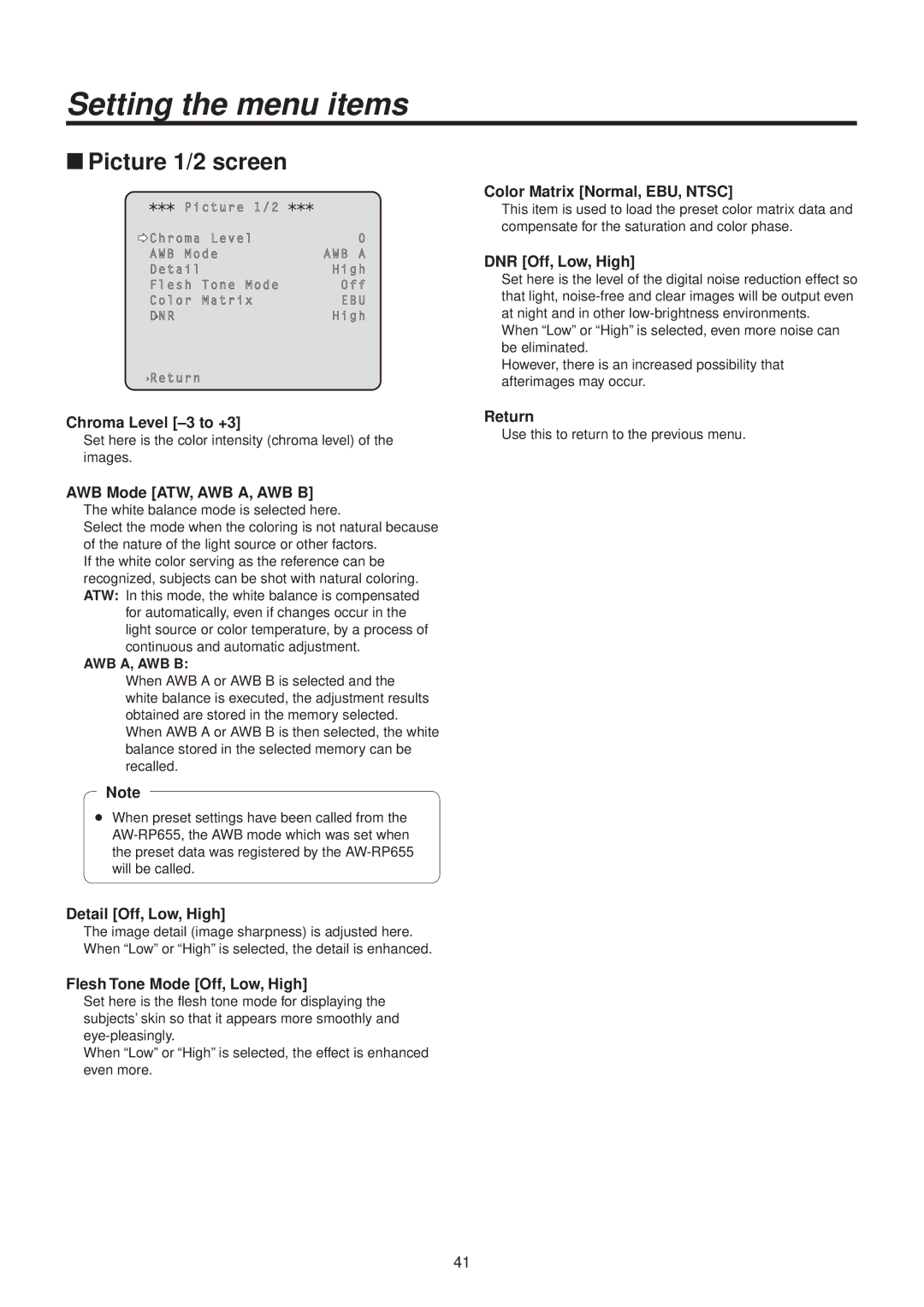 Panasonic AWHE50HN manual WwPicture 1/2 screen 